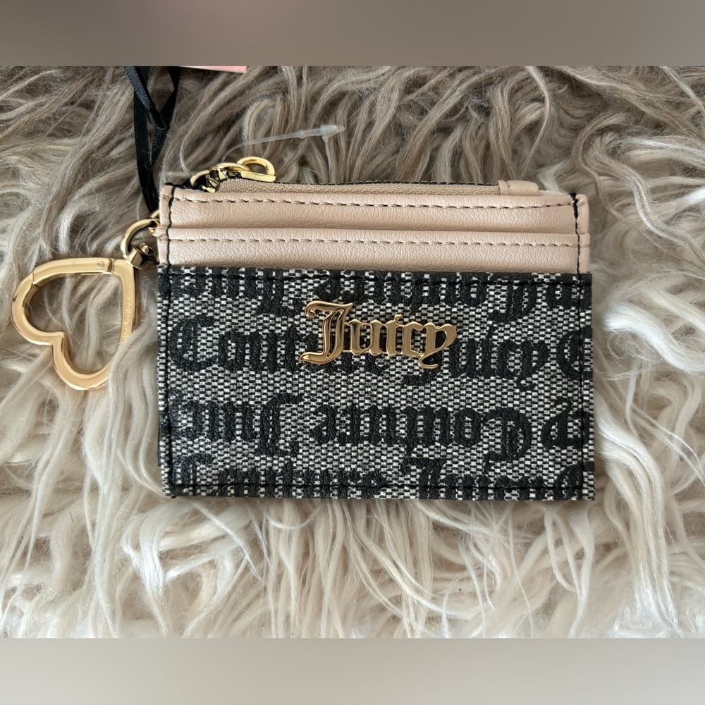 Juicy Couture Card Case ID Holder, Black & Beige Spring Fling ID Wallet NWT